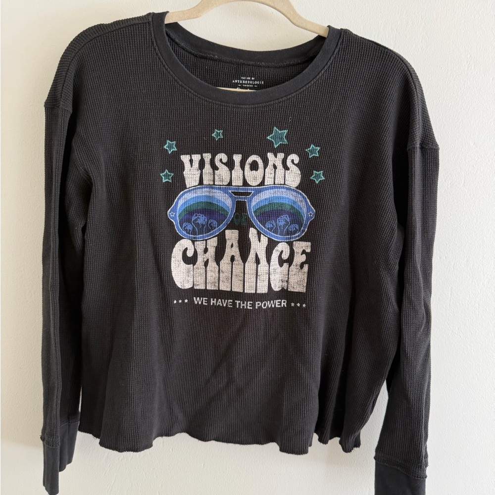Anthropologie Black Long Sleeve Tee with Blue and White Design